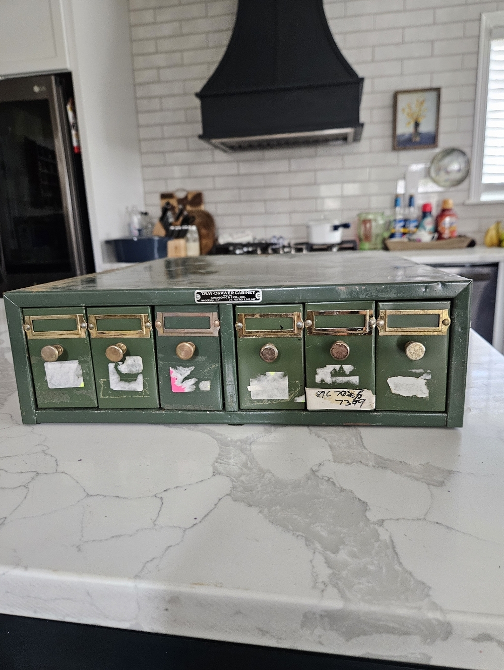 Vintage Green Metal Microscope Slide File Drawer - Olive Green Brass Knobs - Picture 6 of 9